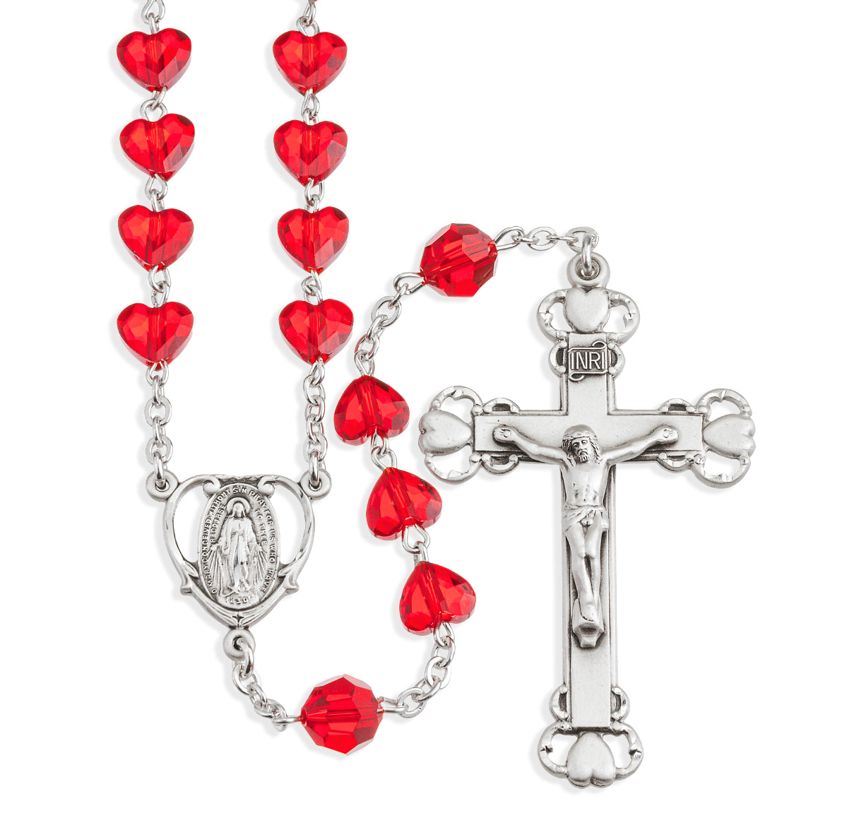 8mm Crystals by Swarovski® Crystal Red Heart Beads Sterling Silver Rosary With Cfx, & Ctr (210/196)-Bxd