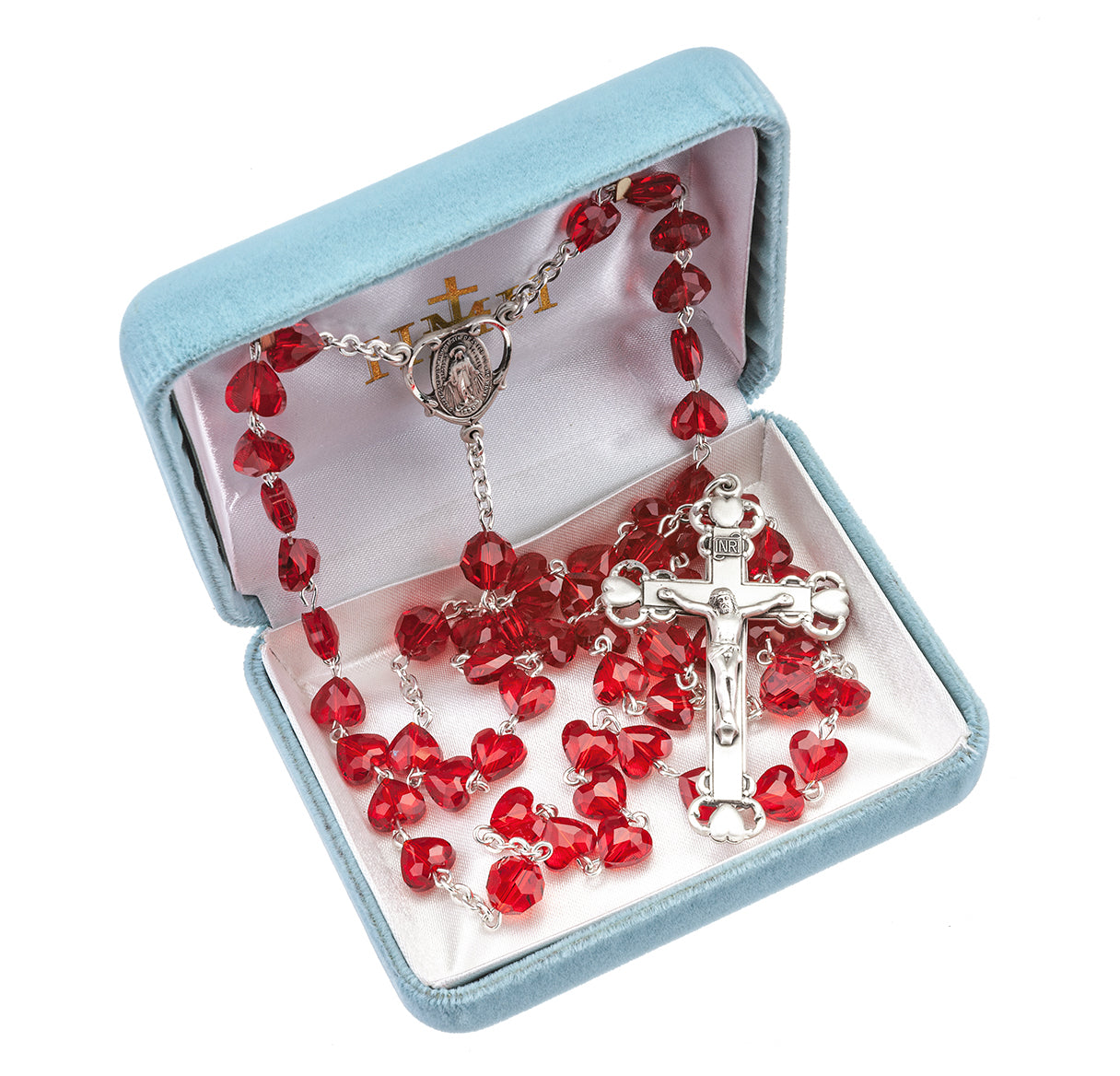 8mm Crystals by Swarovski® Crystal Red Heart Beads Sterling Silver Rosary With Cfx, & Ctr (210/196)-Bxd