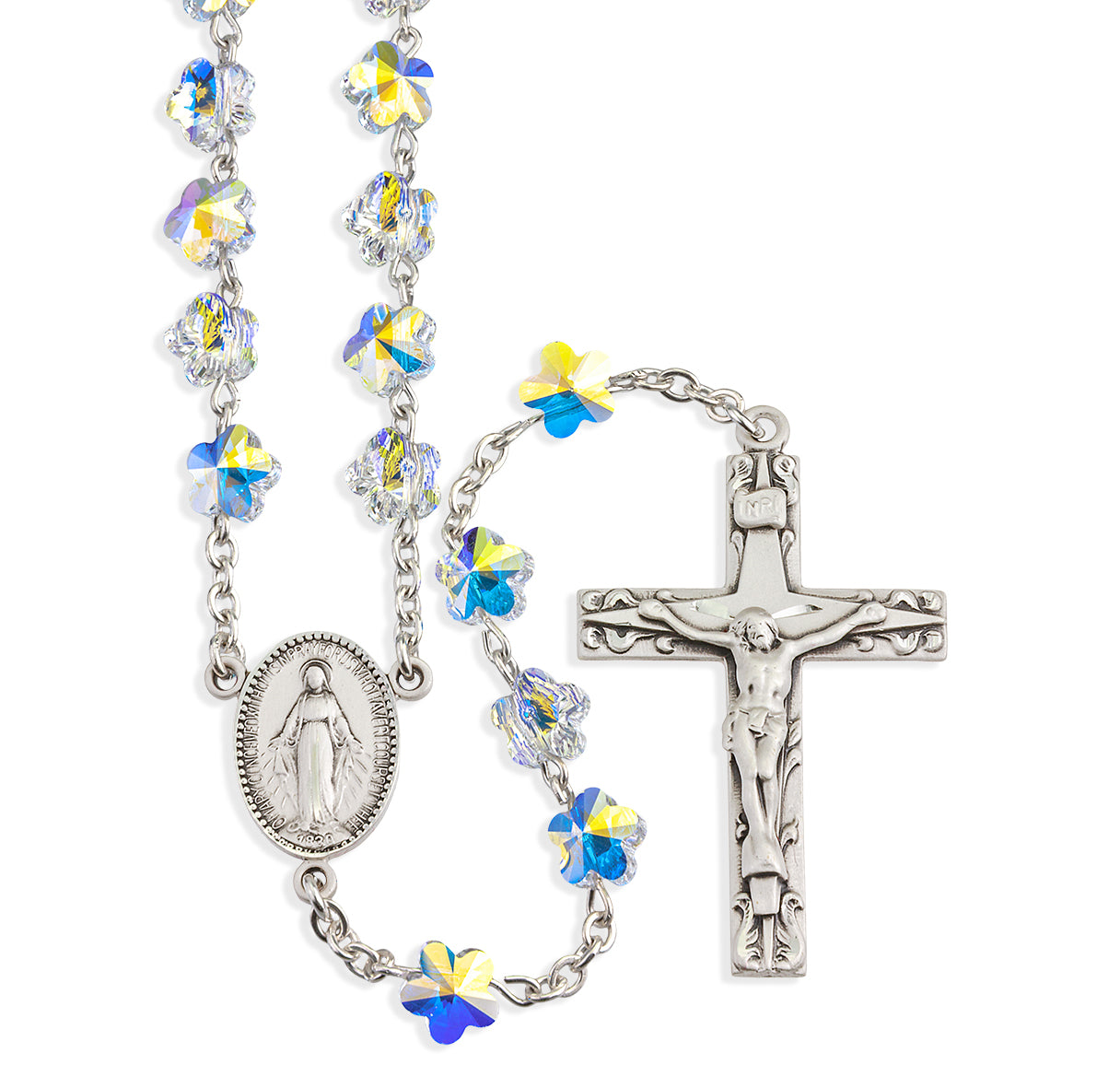 8mm Aurora Flower Shaped Petal Crystals by Swarovski® Crystal Rosary Beads w/ Sterling Silver Mirac Medal Center and Sterling Silver Crucifix and Findings-315/148