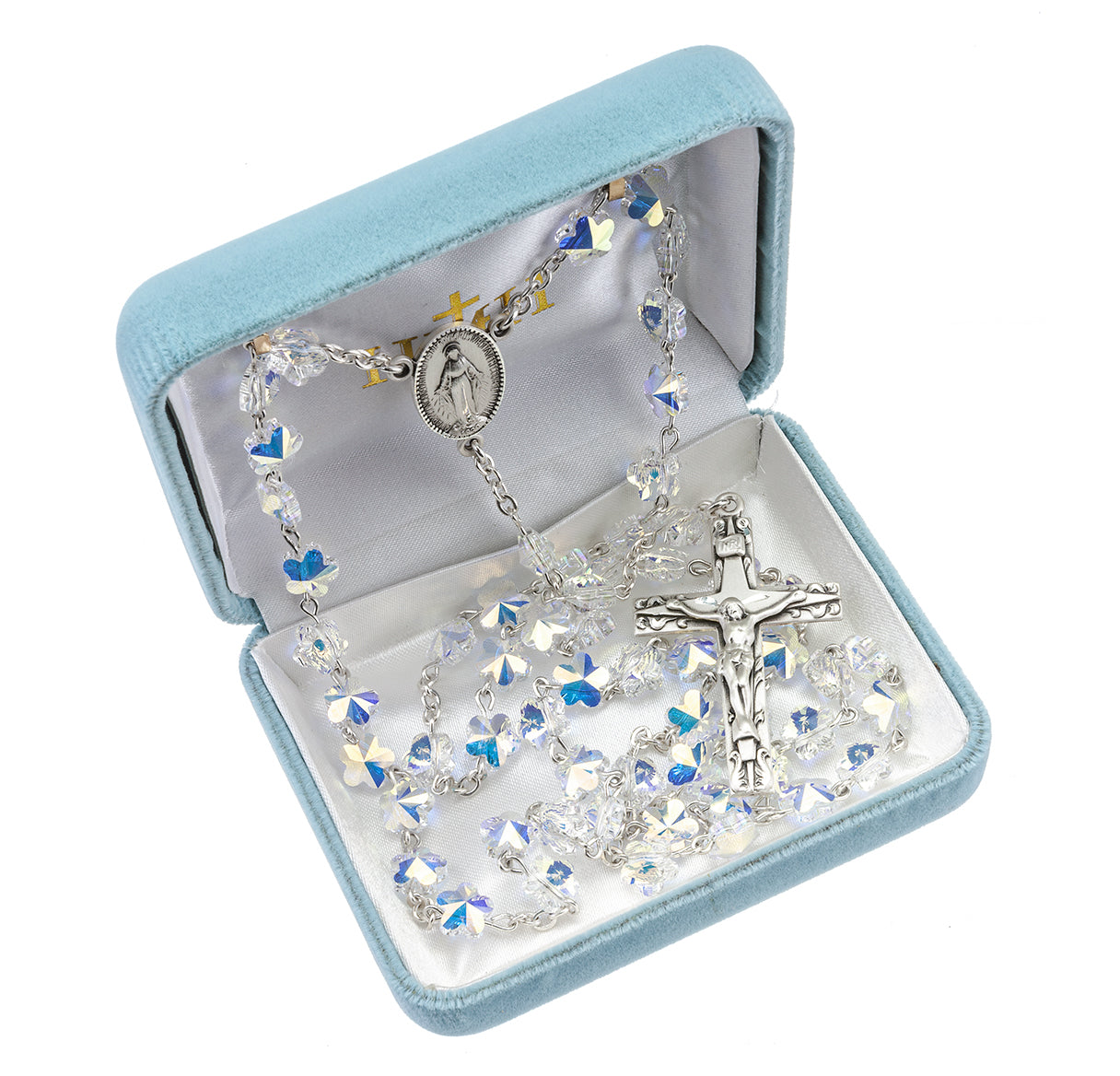 8mm Aurora Flower Shaped Petal Crystals by Swarovski® Crystal Rosary Beads w/ Sterling Silver Mirac Medal Center and Sterling Silver Crucifix and Findings-315/148
