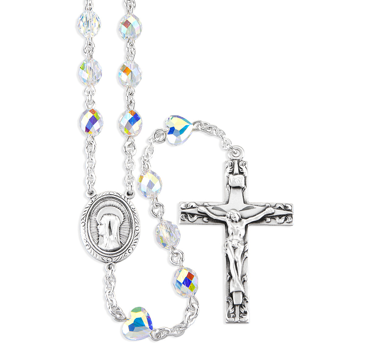 Sterling Crystals by Swarovski® Austrian Crystal AB Rosary Handmade of 7x6mm Faceted Egg Bead W/ Sterling Mirac & Cfx-(368/148)-Bxd