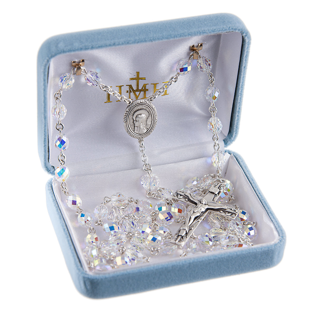 Sterling Crystals by Swarovski® Austrian Crystal AB Rosary Handmade of 7x6mm Faceted Egg Bead W/ Sterling Mirac & Cfx-(368/148)-Bxd