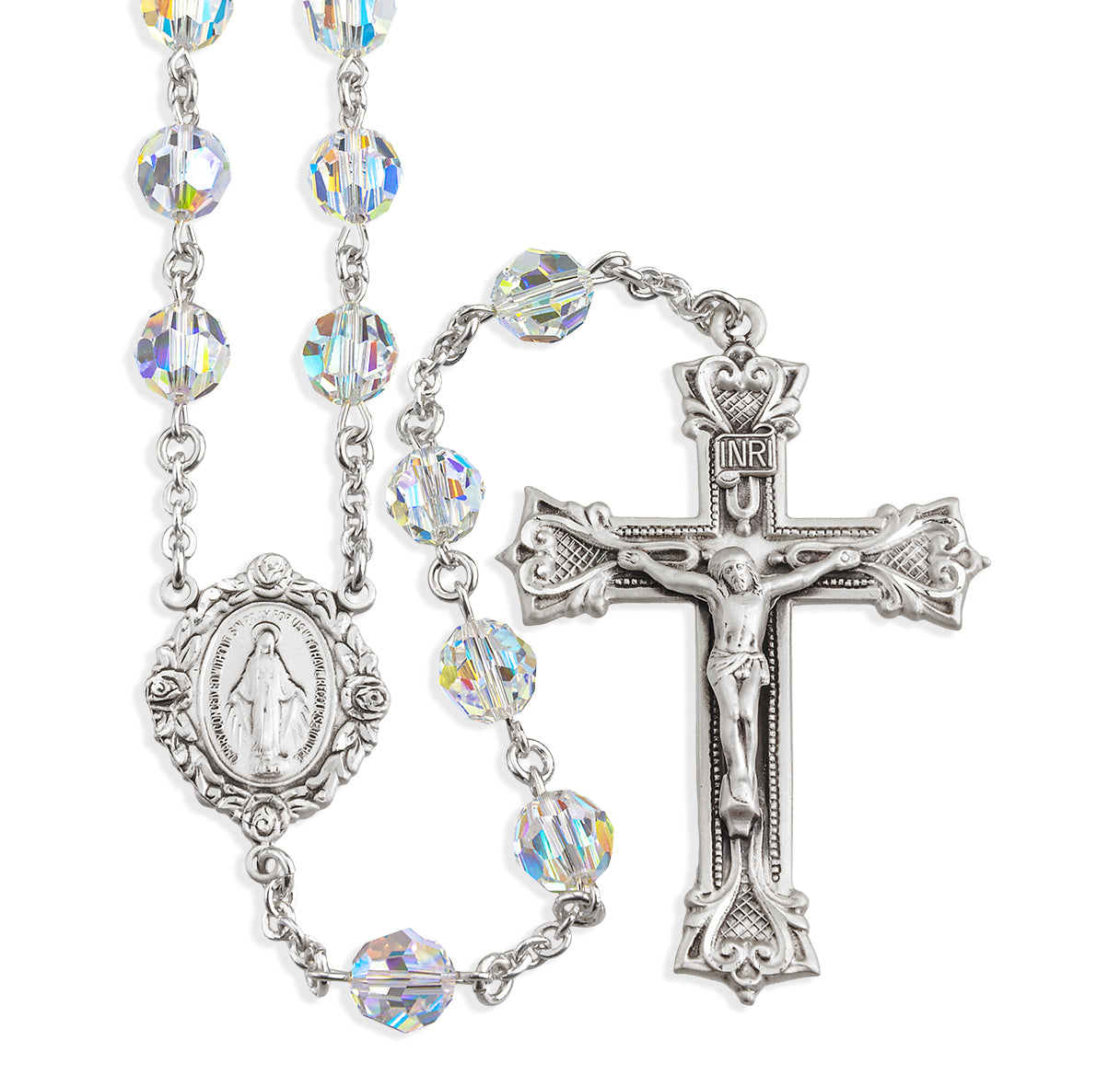 8mm Aurora Borealis Crystal Round Bead Sterling Silver Rosary-Bxd 212/109