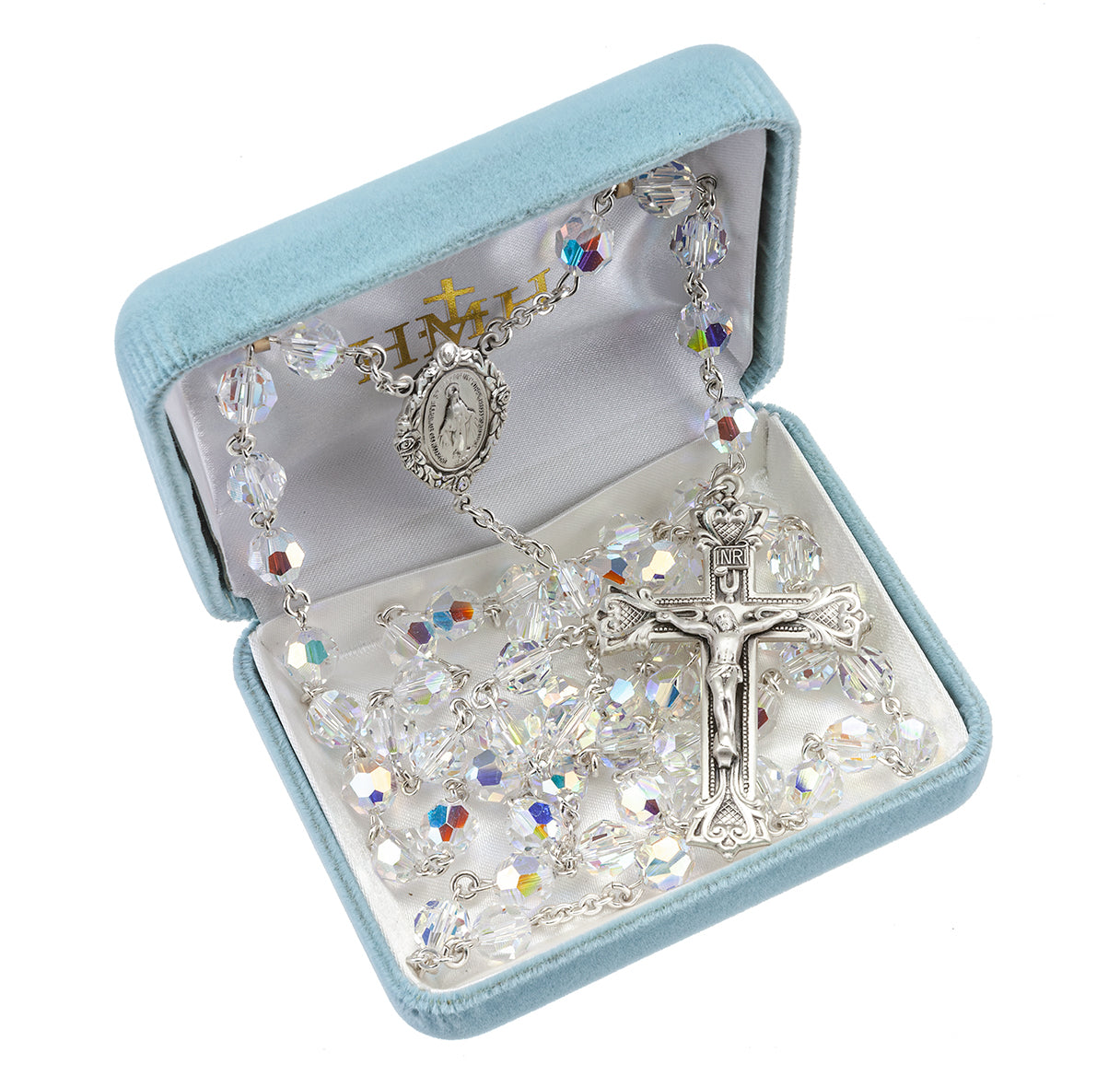 8mm Aurora Borealis Crystal Round Bead Sterling Silver Rosary-Bxd 212/109