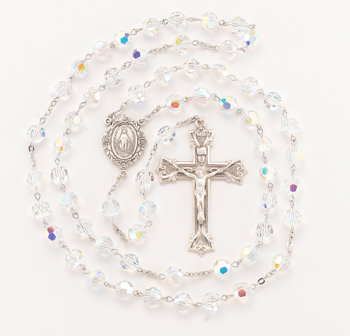 8mm Aurora Borealis Crystal Round Bead Sterling Silver Rosary-Bxd 212/109