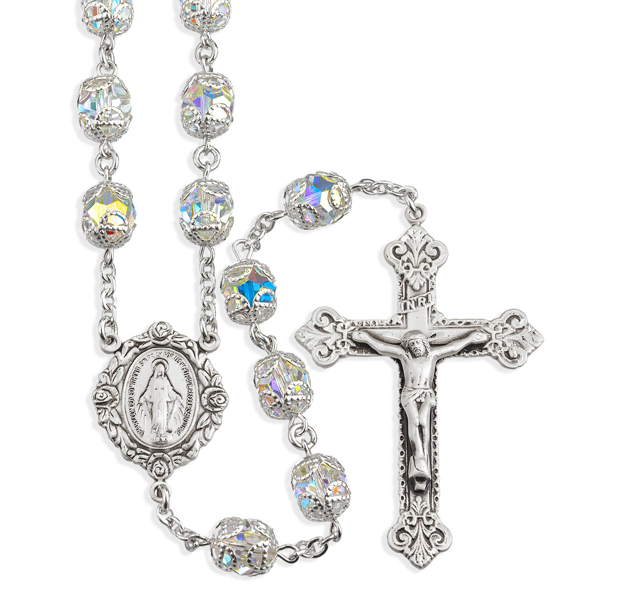8mm Finest Crystal (AB) Double Capped Beads Sterling Silver Rosary-Bxd 212/105