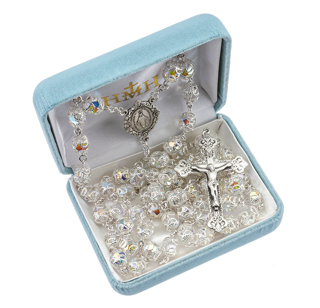8mm Finest Crystal (AB) Double Capped Beads Sterling Silver Rosary-Bxd 212/105
