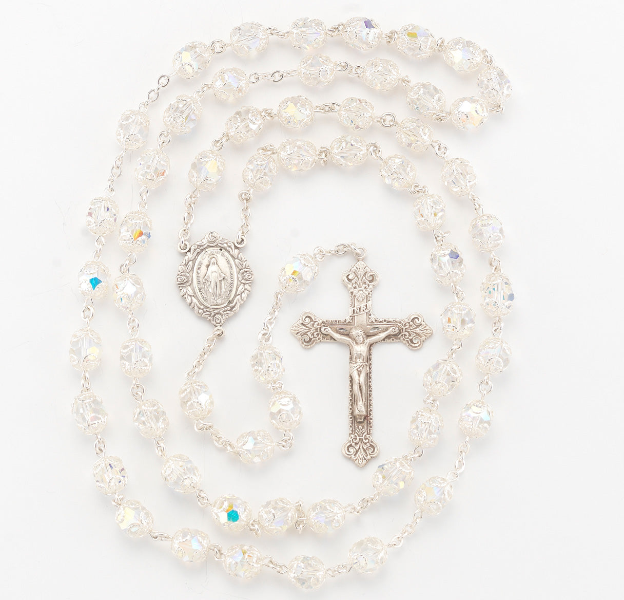 8mm Finest Crystal (AB) Double Capped Beads Sterling Silver Rosary-Bxd 212/105