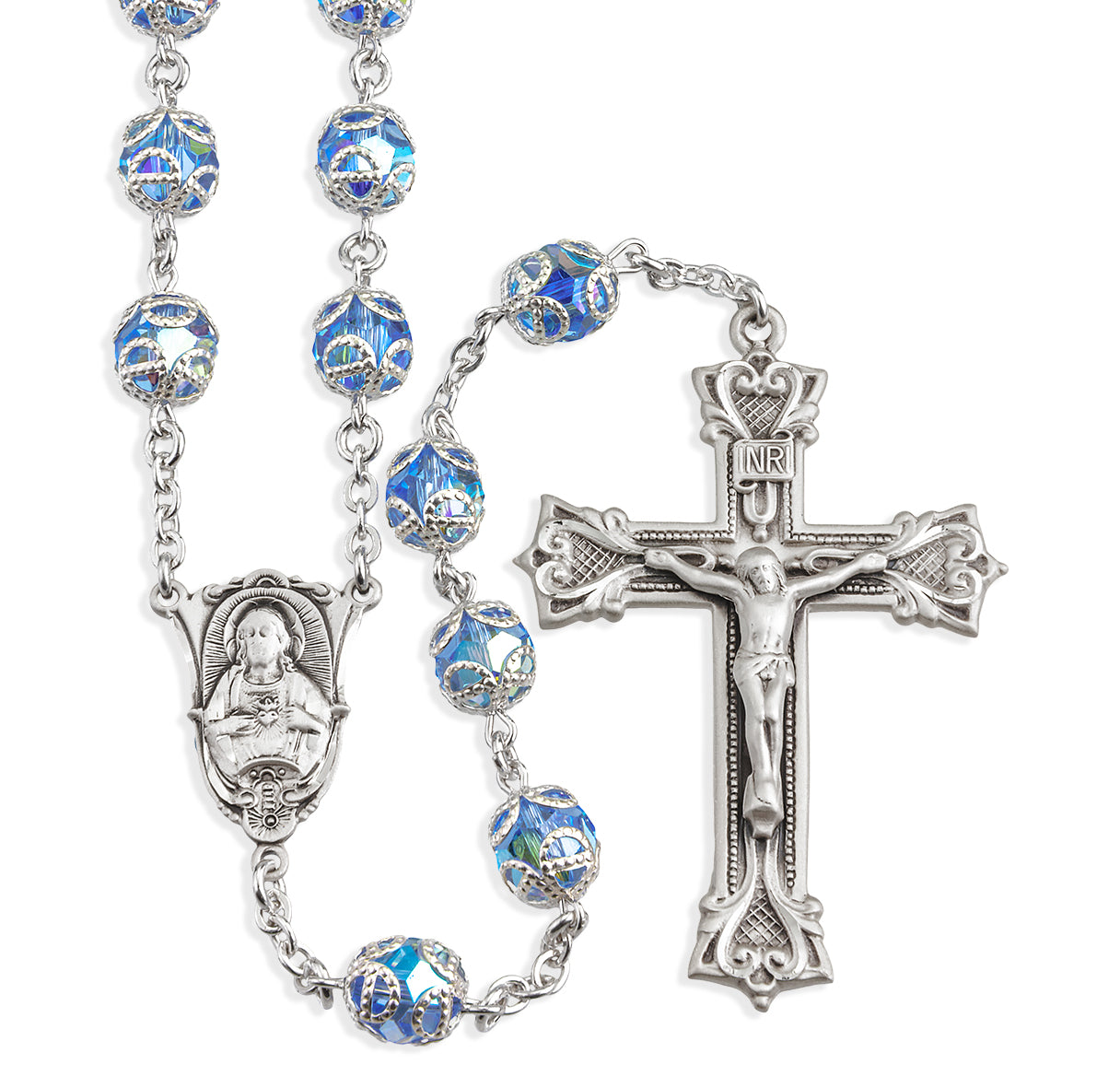 8mm Light Sapphire (AB) Crystals by Swarovski® Crystal Double Capped Beads Sterling Silver Rosary-Bxd 29/109
