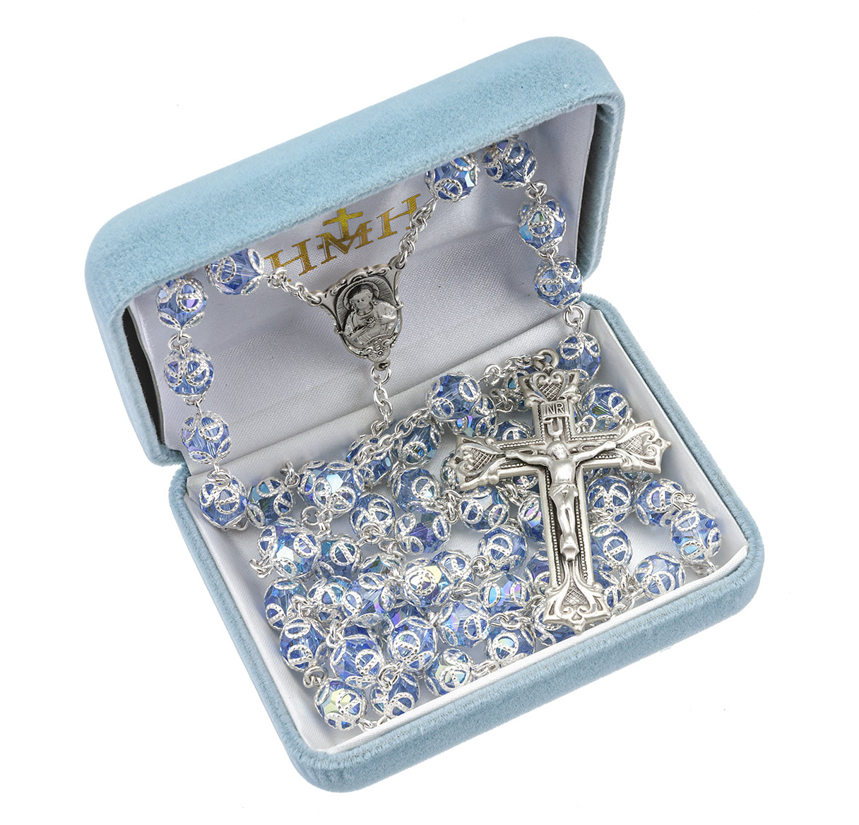8mm Light Sapphire (AB) Crystals by Swarovski® Crystal Double Capped Beads Sterling Silver Rosary-Bxd 29/109