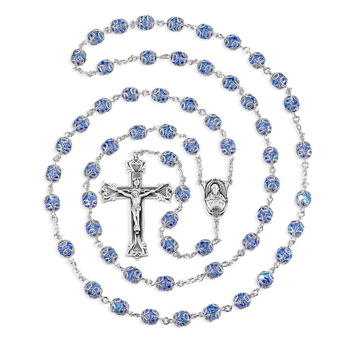 8mm Light Sapphire (AB) Crystals by Swarovski® Crystal Double Capped Beads Sterling Silver Rosary-Bxd 29/109