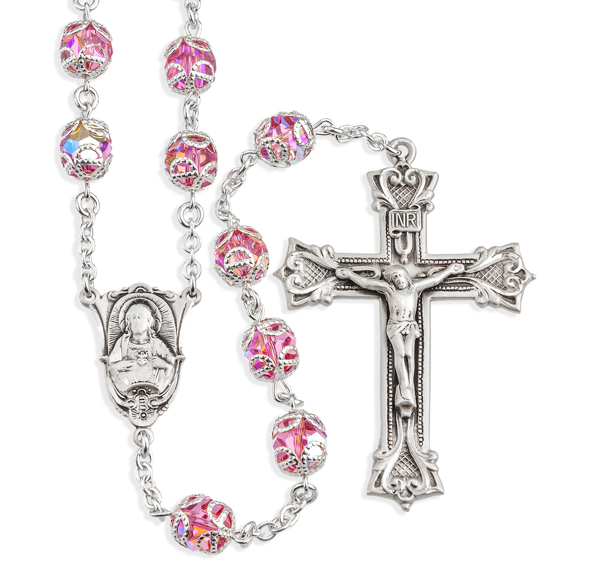 8mm Pink Crystals by Swarovski® Crystal Double Capped Beads Sterling Silver Rosary-Bxd 29/109
