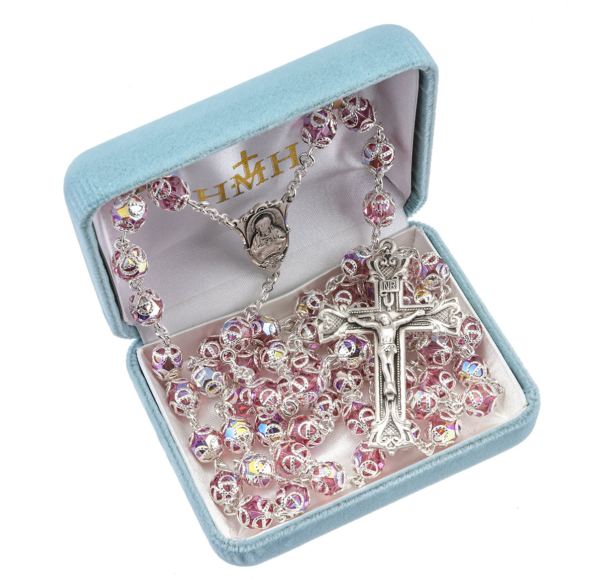 8mm Pink Crystals by Swarovski® Crystal Double Capped Beads Sterling Silver Rosary-Bxd 29/109