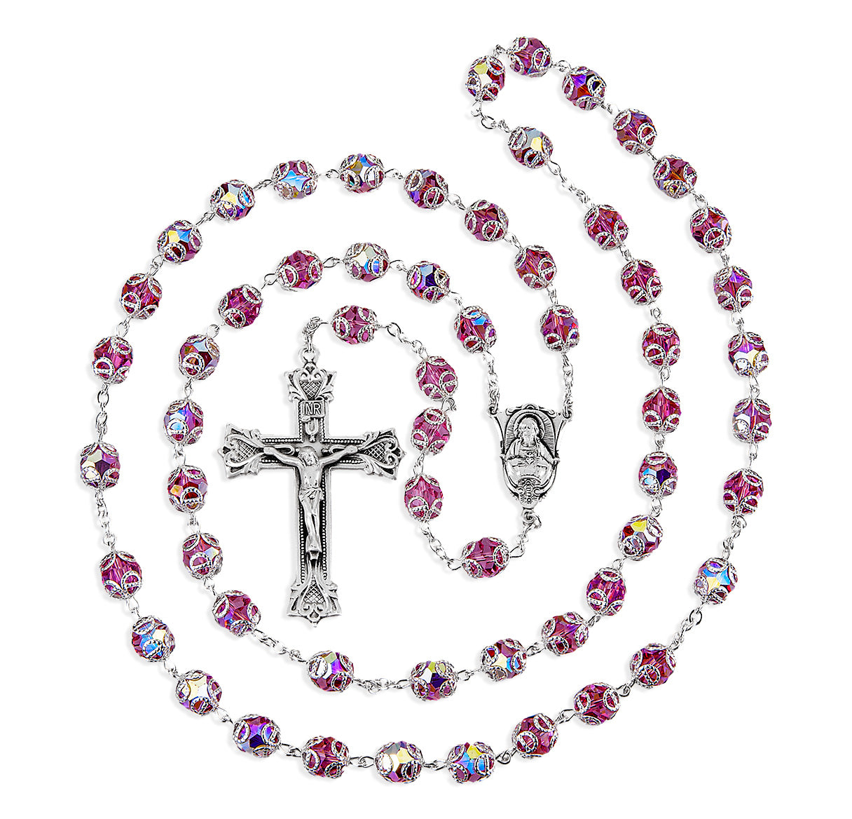 8mm Pink Crystals by Swarovski® Crystal Double Capped Beads Sterling Silver Rosary-Bxd 29/109