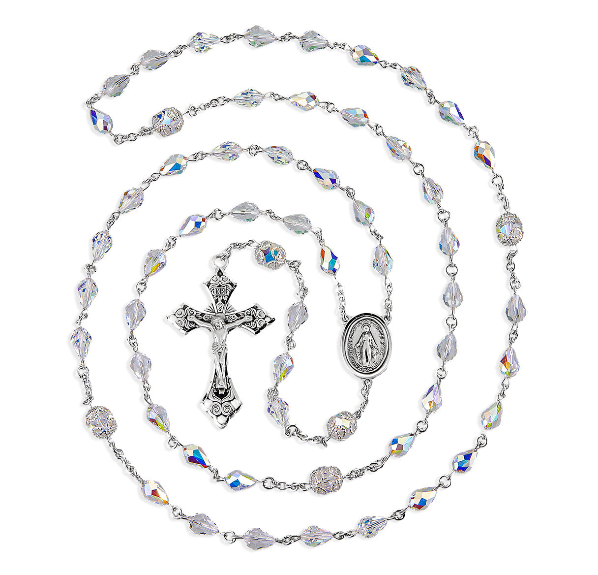 6x9mm Tear Drop Finest Crystal W/ 8mm Crystal Double Capped O.F. Beads Sterling Silver Rosary-Bxd 30/125