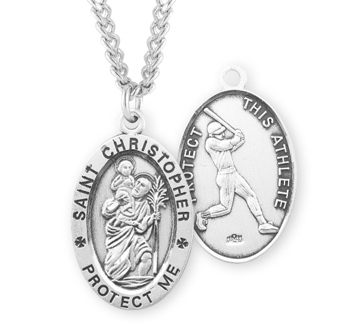 Sterling Silver Oval St Christopher Baseball Medal-20" Ch-Bxd