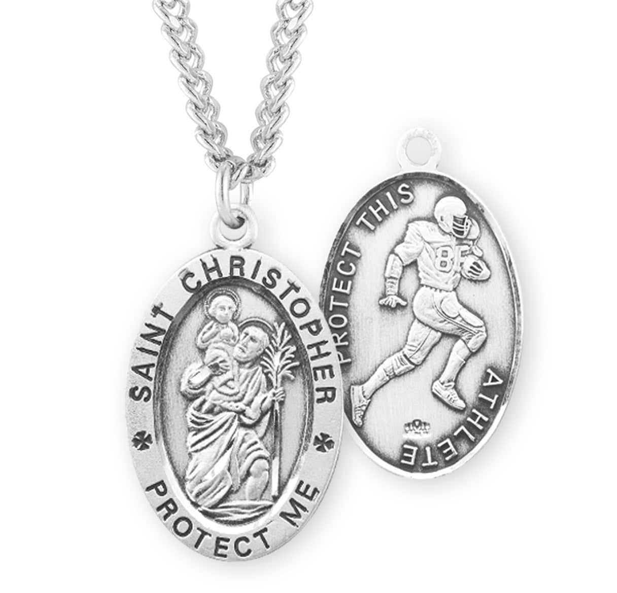 Sterling Silver Oval St Christopher Football Medal-20" Ch-Bxd