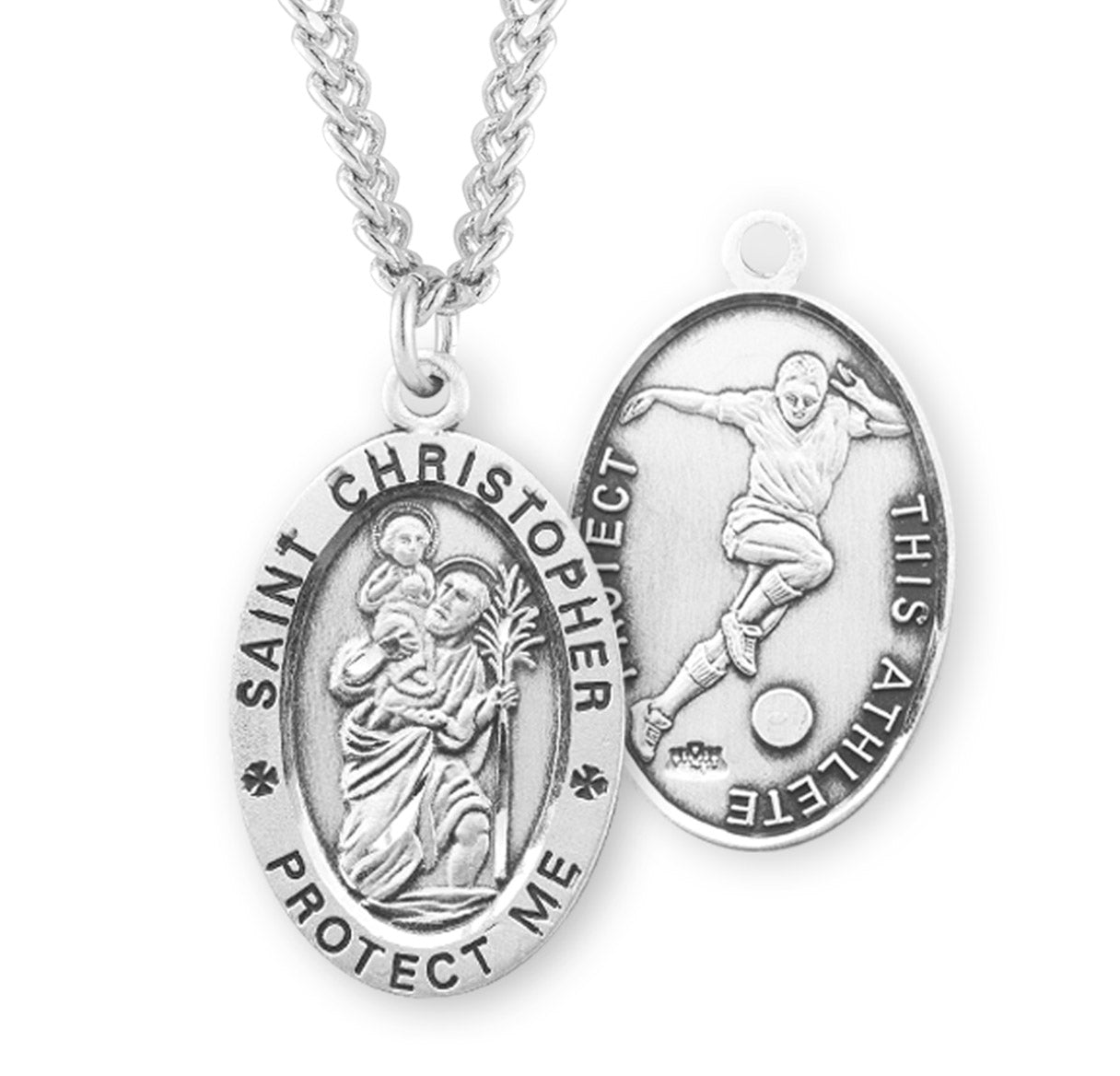 Sterling Silver Oval St Christopher Soccer Medal-20" Ch-Bxd
