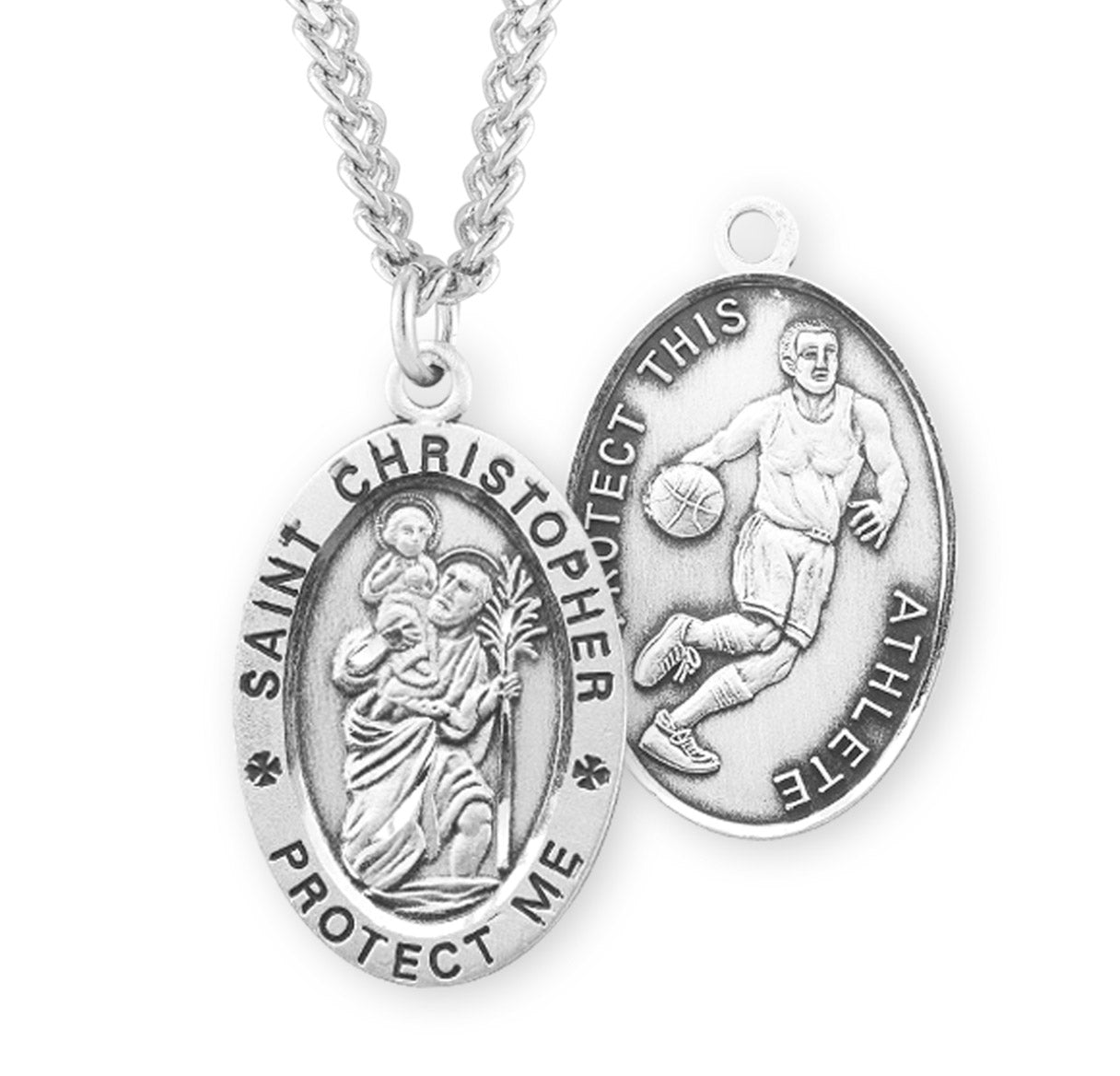 Sterling Silver Oval St Christopher Basketball Medal 20" Ch-Bxd