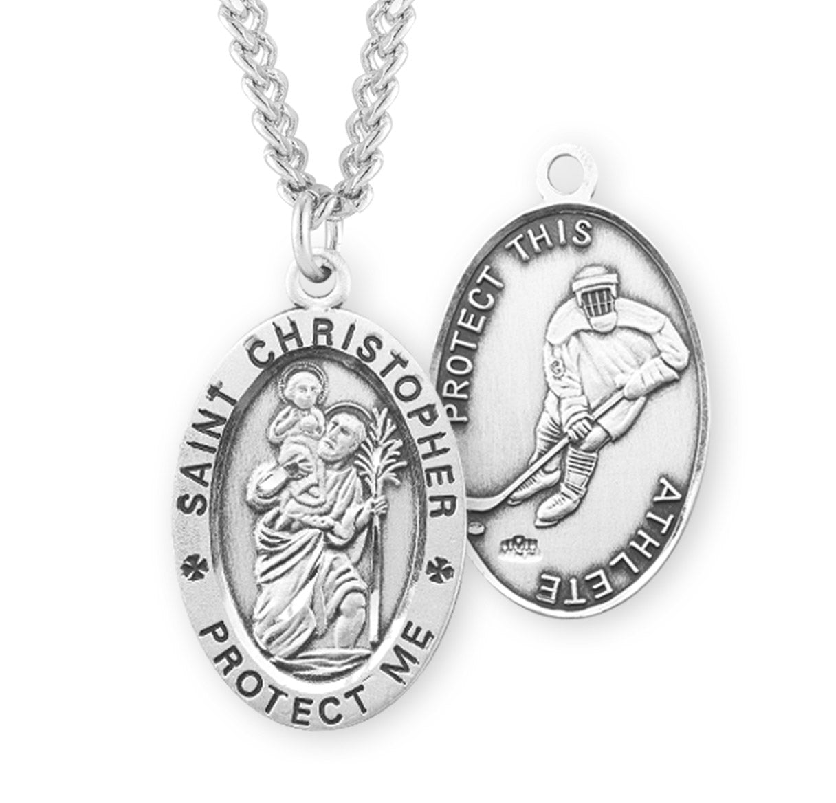 Sterling Silver Oval St Christopher Hockey Medal-20" Ch-Bxd