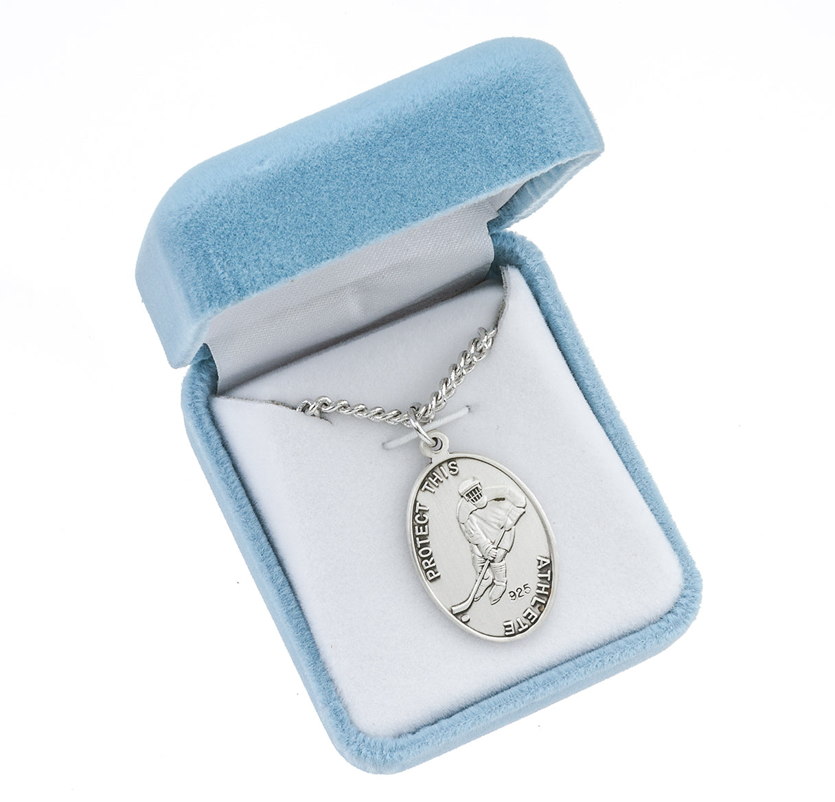 Sterling Silver Oval St Christopher Hockey Medal-20" Ch-Bxd