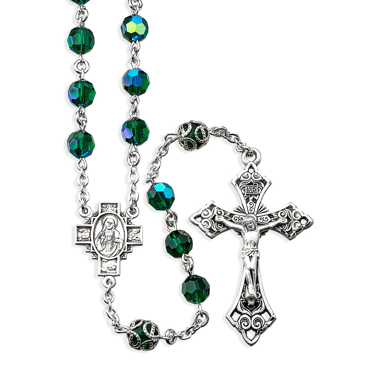 7mm Sterling Emerald Czech Crystal Beads W/ DoubleCapped O.F. Beads- (45/125)-Bxd