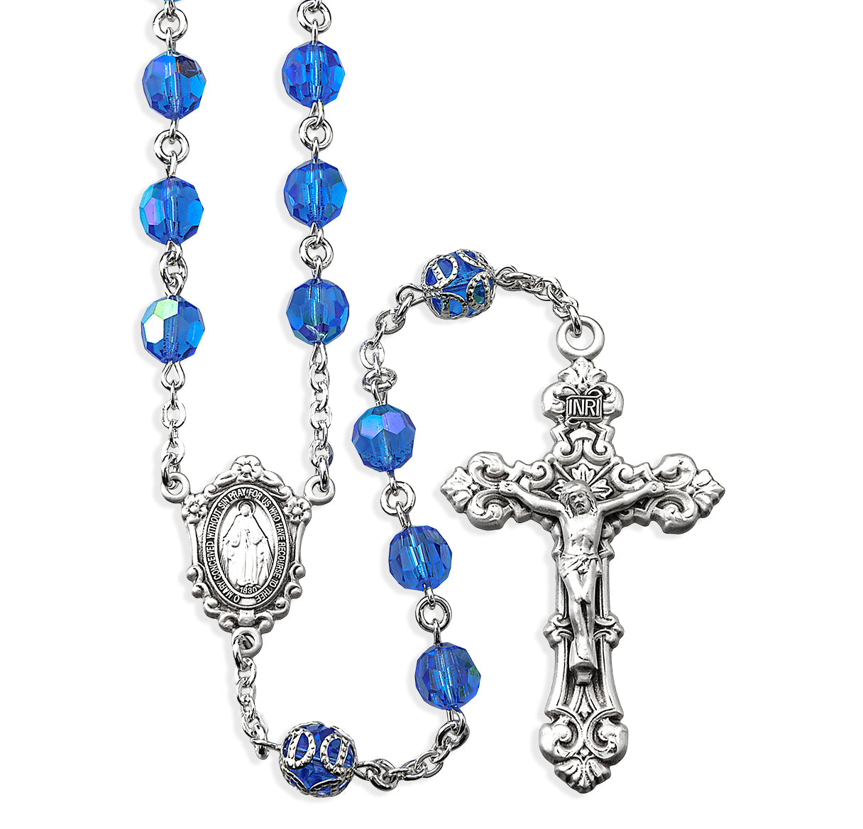 7mm Sterling Sapphire Czech Crystal Beads W/ DoubleCapped O.F. Beads- (80/157)-Bxd
