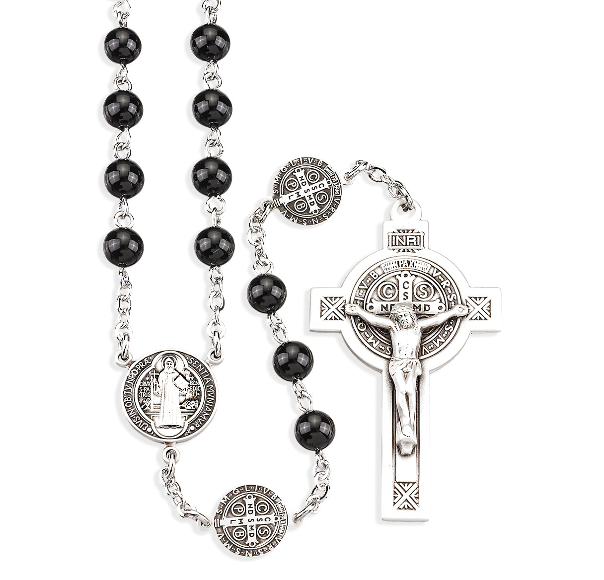 Sterling Silver St Benedict Rosary Made with 6mm Onyx Beads W/ Sterling St Benedtict O.F. Beads, Center & Cfx-(679/188)-Bxd