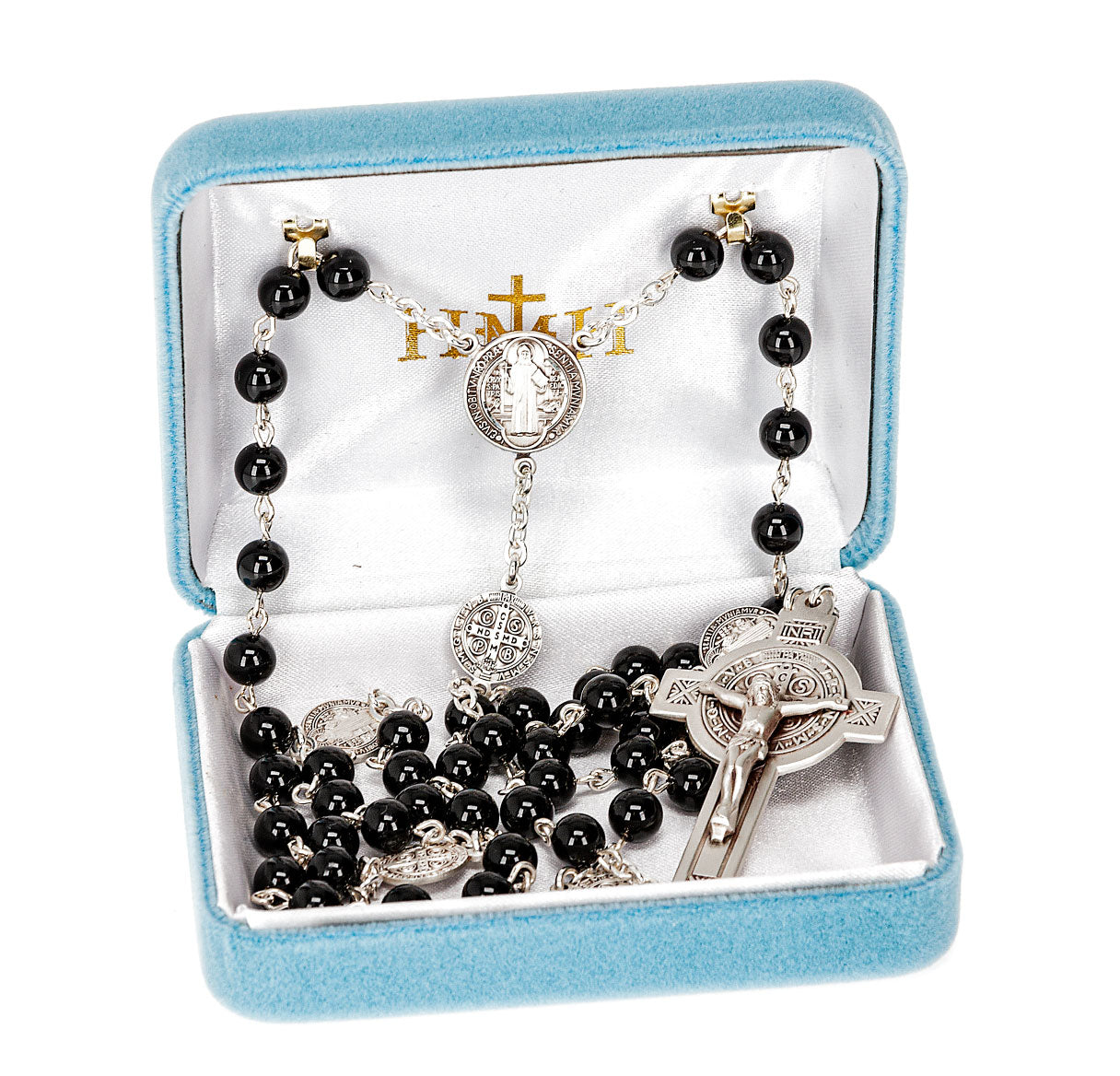 Sterling Silver St Benedict Rosary Made with 6mm Onyx Beads W/ Sterling St Benedtict O.F. Beads, Center & Cfx-(679/188)-Bxd