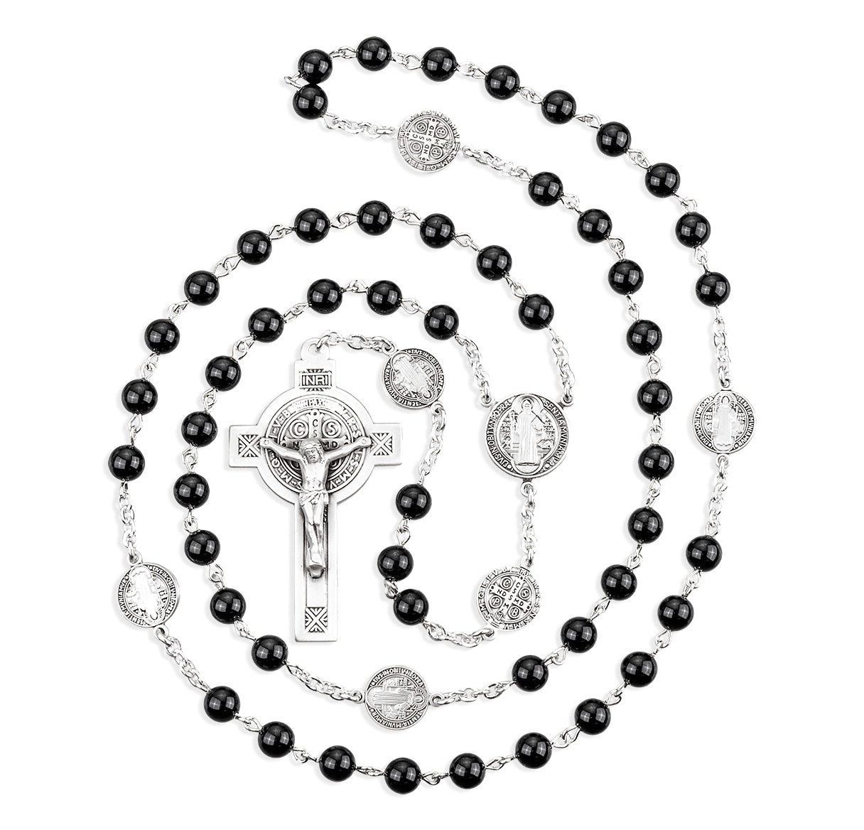 Sterling Silver St Benedict Rosary Made with 6mm Onyx Beads W/ Sterling St Benedtict O.F. Beads, Center & Cfx-(679/188)-Bxd