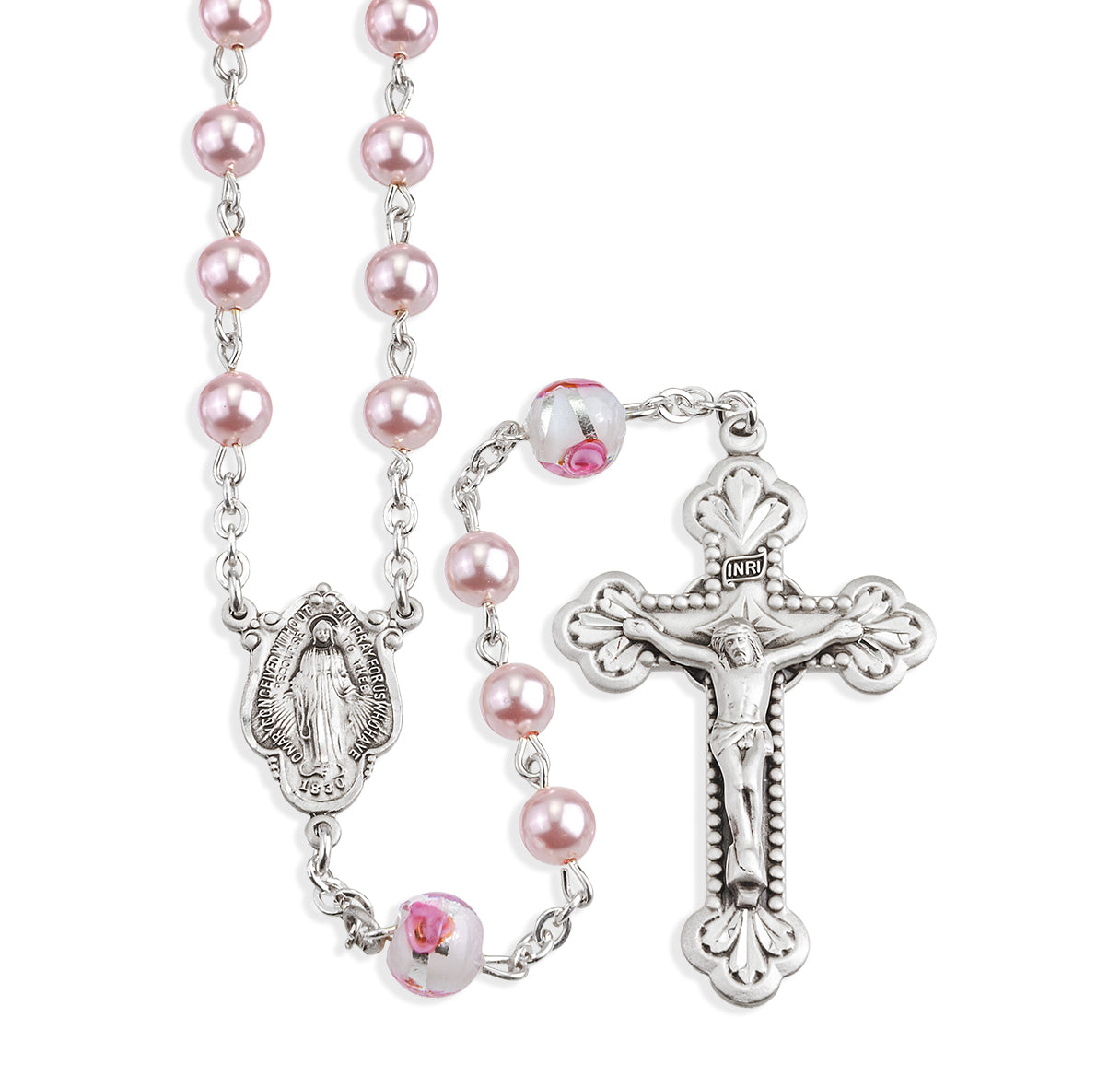 Sterling Silver Rosary Beads Hand Made with finest Austrian Crystal 6mm Pink Pearl Beads by HMH