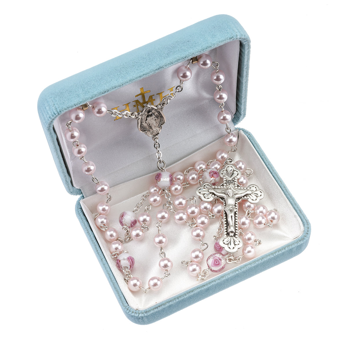 Sterling Silver Rosary Beads Hand Made with finest Austrian Crystal 6mm Pink Pearl Beads by HMH