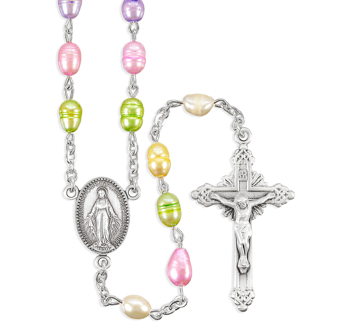 Multi Colored Sterling Silver Freshwater Pearl Rosary with Sterling Silver Cfx & Ctr-Bxd (315/195)