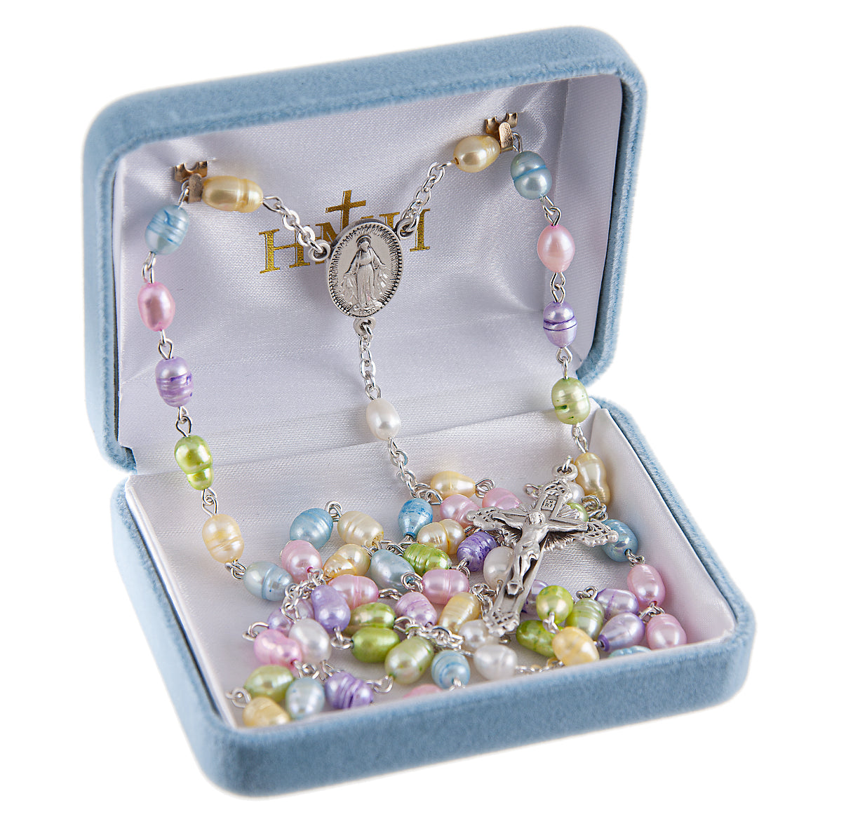 Multi Colored Sterling Silver Freshwater Pearl Rosary with Sterling Silver Cfx & Ctr-Bxd (315/195)