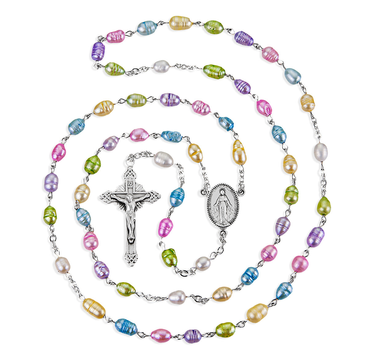 Multi Colored Sterling Silver Freshwater Pearl Rosary with Sterling Silver Cfx & Ctr-Bxd (315/195)