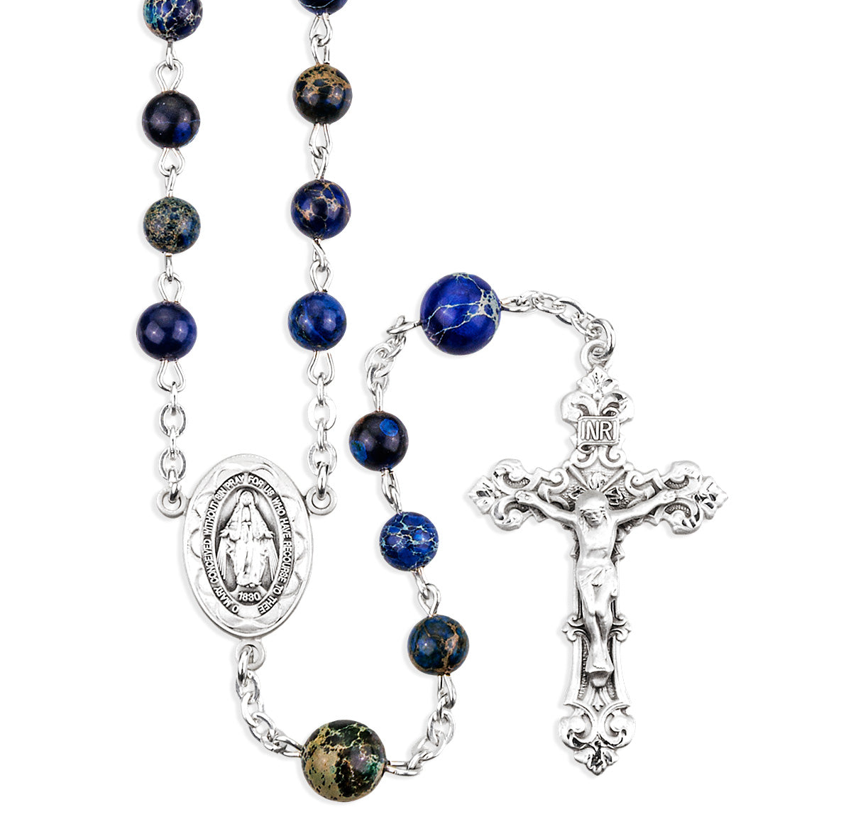 Sterling Silver Genuine Imperial Jade Rosary in Blue Beads & 8mm O.F. Beads-(32/153)-Bxd