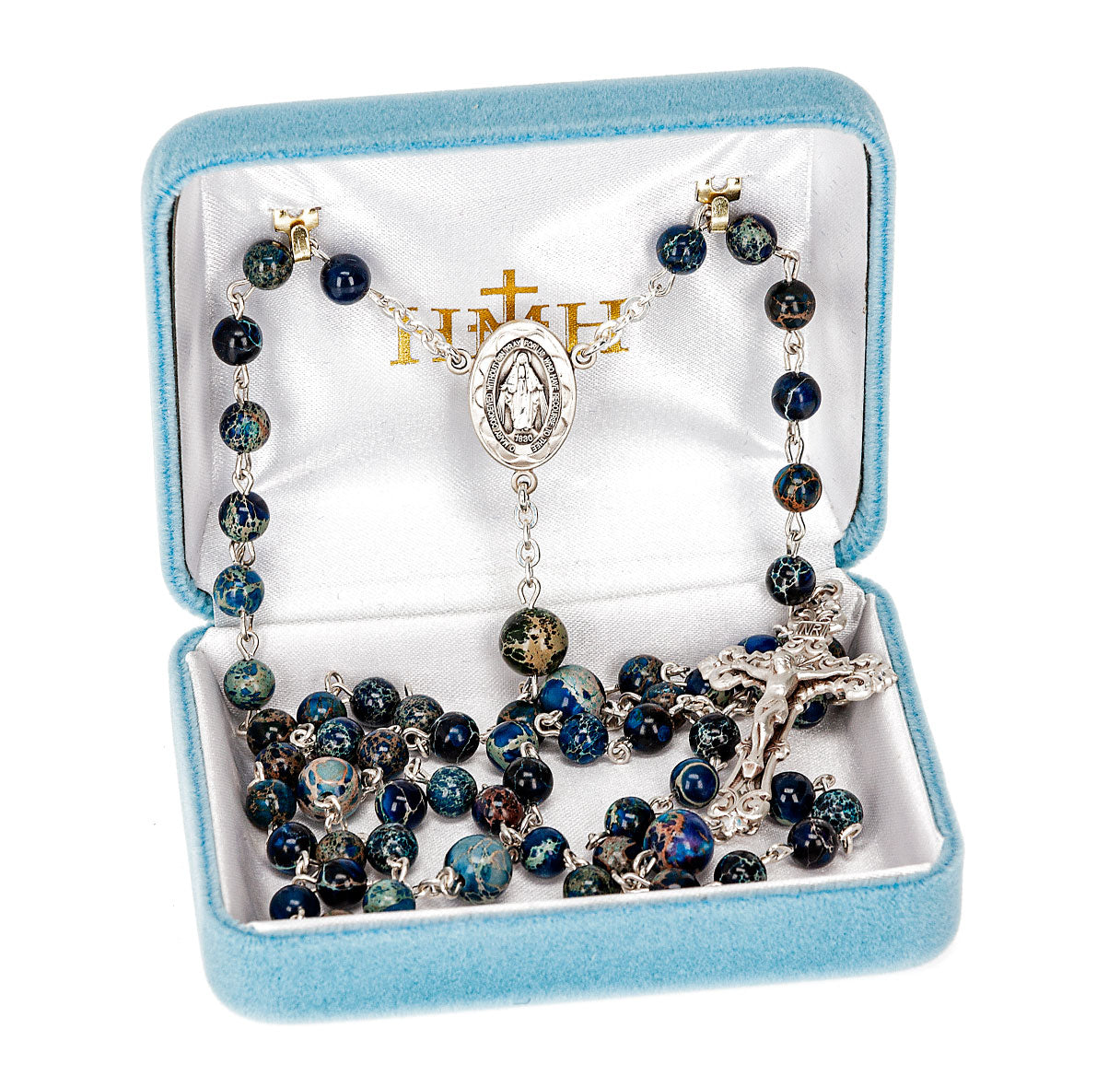 Sterling Silver Genuine Imperial Jade Rosary in Blue Beads & 8mm O.F. Beads-(32/153)-Bxd