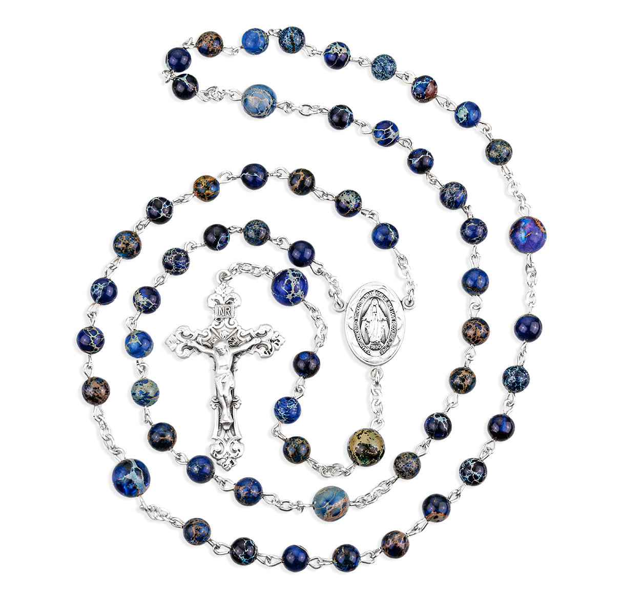 Sterling Silver Genuine Imperial Jade Rosary in Blue Beads & 8mm O.F. Beads-(32/153)-Bxd