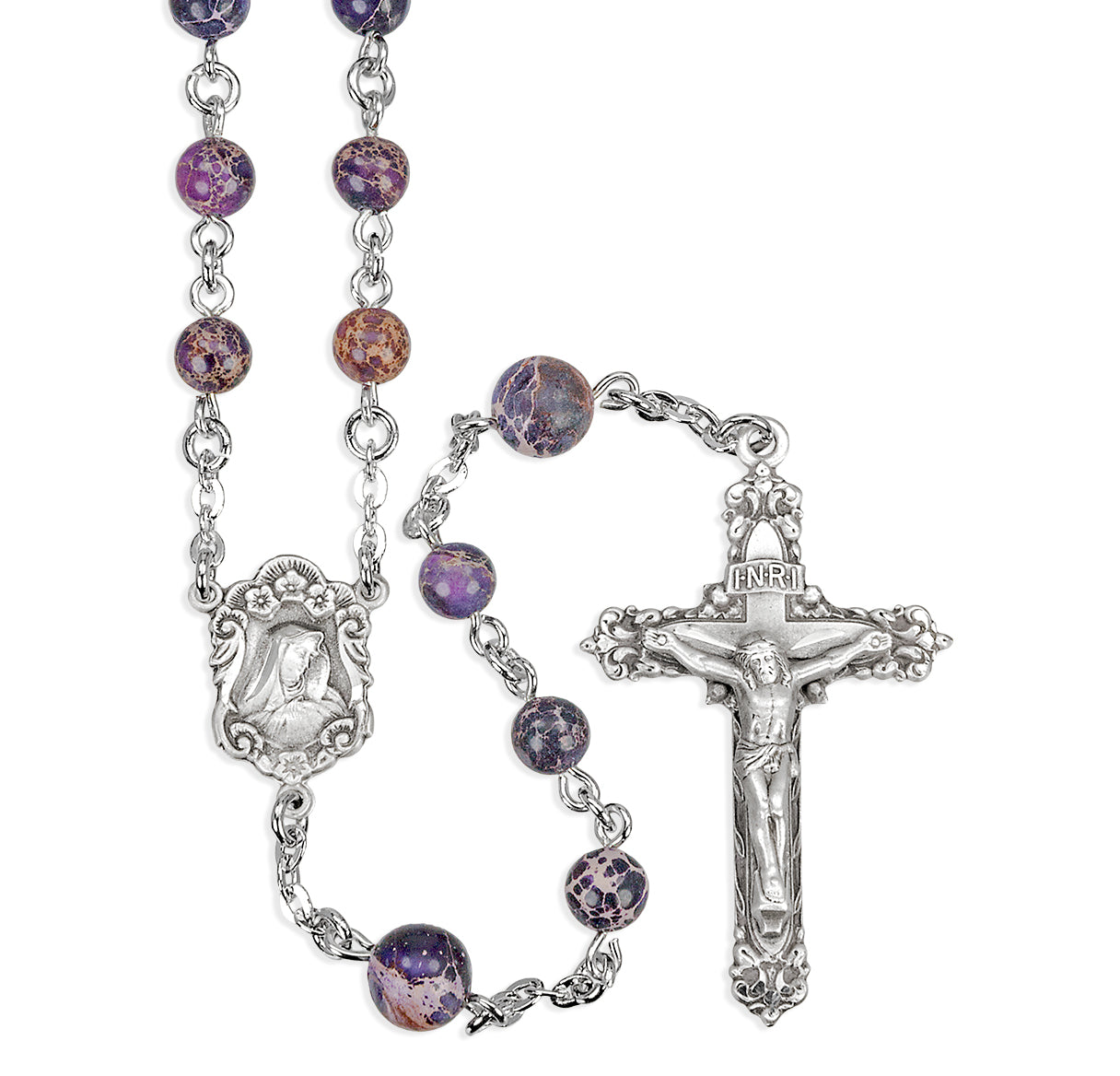 Sterling Silver Genuine Imperial Jade Rosary in Purple Beads & 8mm O.F. Beads-(03/121)-Bxd