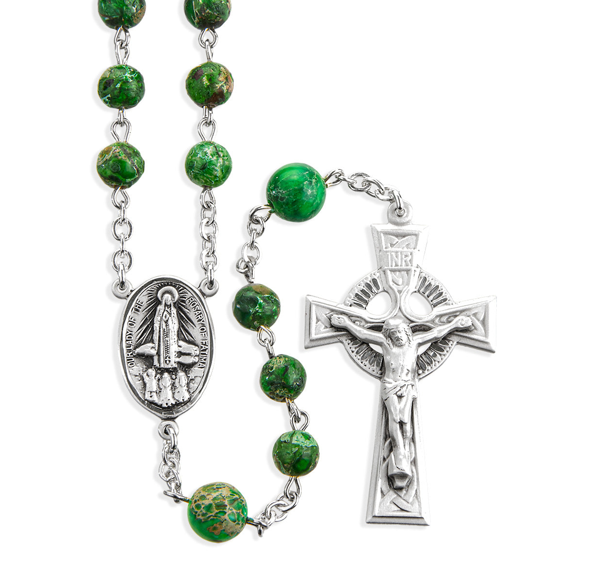 Sterling Silver Genuine Imperial Jade Rosary in Green Beads & 8mm O.F. Beads-(354/3827)-Bxd