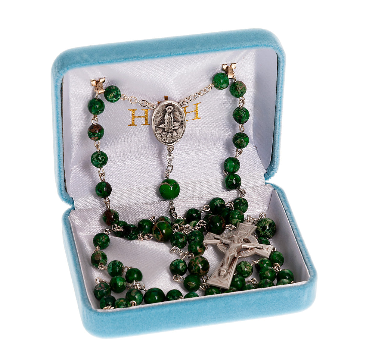Sterling Silver Genuine Imperial Jade Rosary in Green Beads & 8mm O.F. Beads-(354/3827)-Bxd