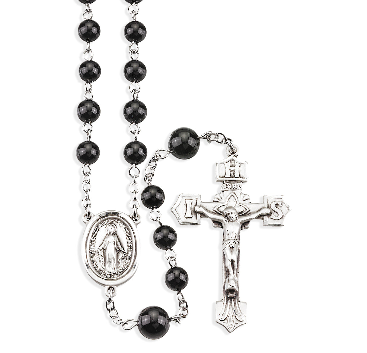6mm Genuine Onyx Bead & 8MM Onyx O.F. Beads  Rosary W / Sterling Silver Ctr & Cfx-(30/147) -Bxd
