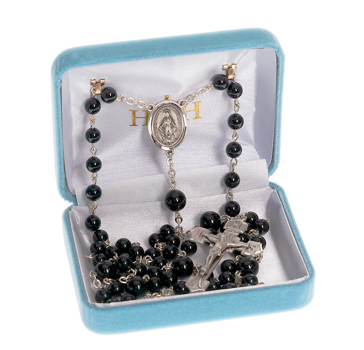 6mm Genuine Onyx Bead & 8MM Onyx O.F. Beads  Rosary W / Sterling Silver Ctr & Cfx-(30/147) -Bxd