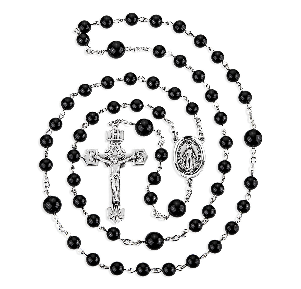 6mm Genuine Onyx W/ 8mm Onyx O.F. Beads Sterling Silver Rosary w/Sterling Cfx & Ctr-(30/147)