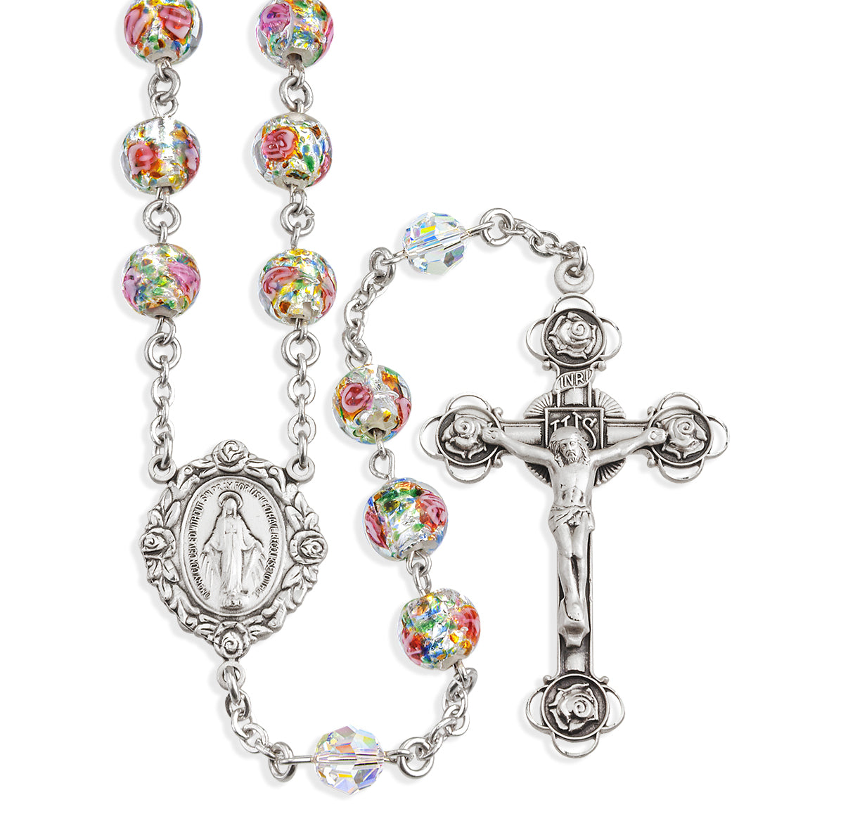 8mm Rose Embedded Murano Venetian Glass Round Sterling Silver Rosary-Bxd 212/161