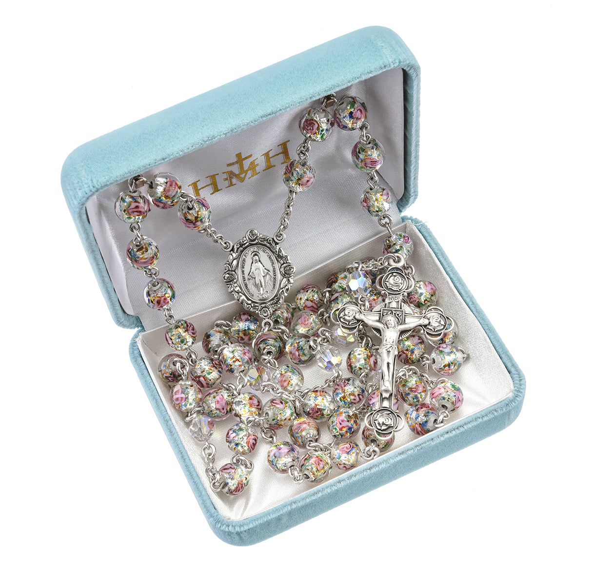8mm Rose Embedded Murano Venetian Glass Round Sterling Silver Rosary-Bxd 212/161