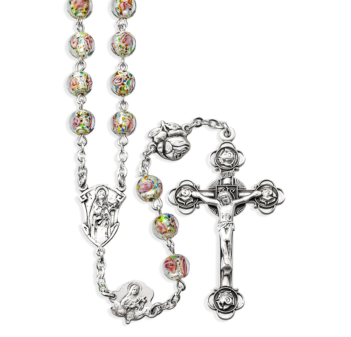 Sterling Silver Fine Czech Rosebud Crystal Beads W/ Sterling Rosebud O.F Beads & Rosebud Crucifix-(S352/S161)-Bxd