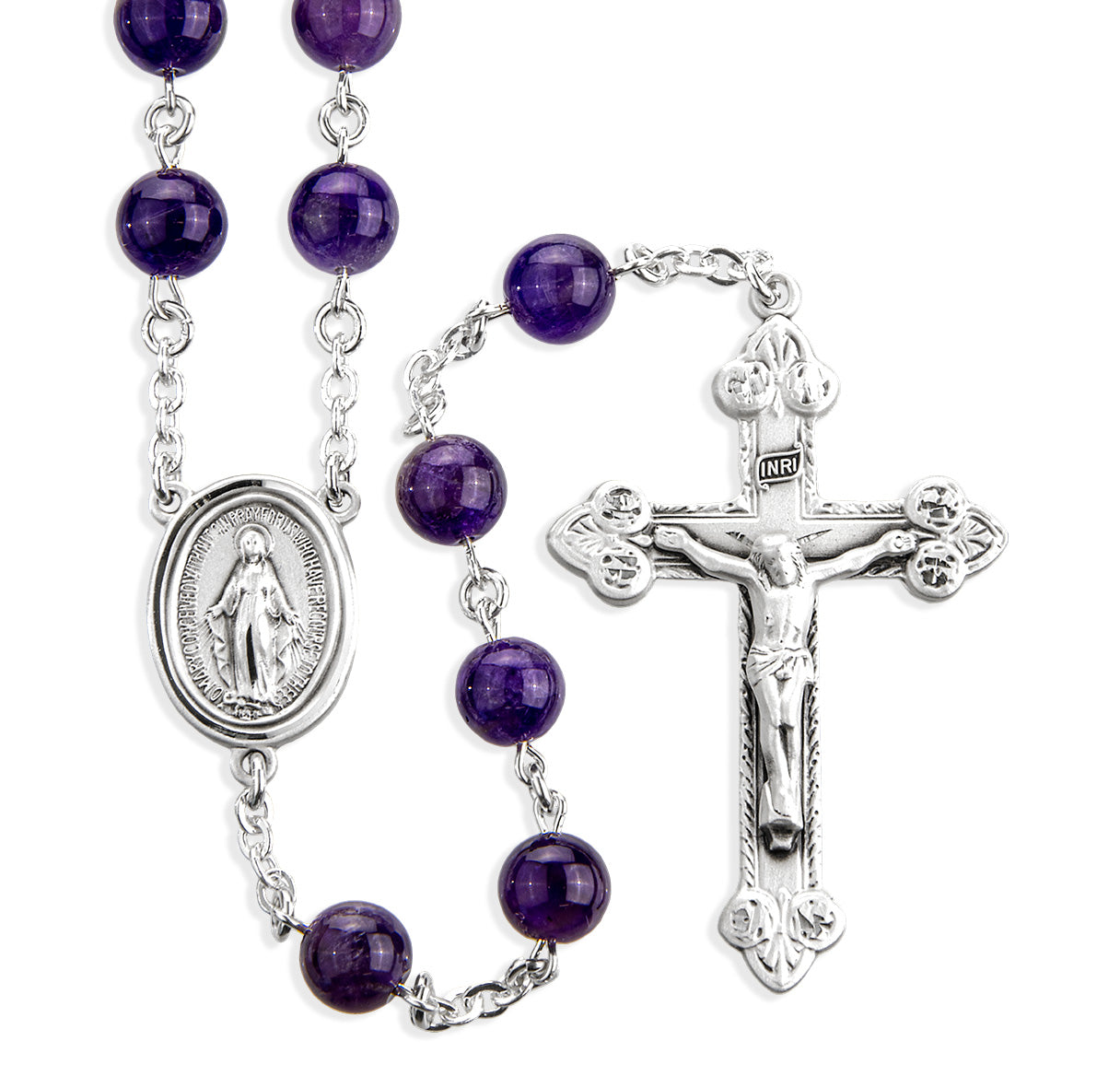 8mm Sterling Silver Genuine Amethyst Rosary W/ Ancanthus Leaf Crucifix-(S30/S186)-Bxd