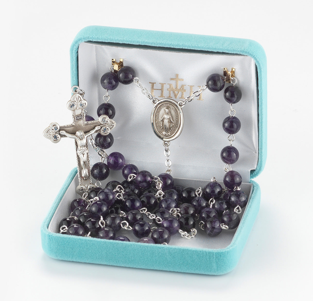 8mm Sterling Silver Genuine Amethyst Rosary W/ Ancanthus Leaf Crucifix-(S30/S186)-Bxd