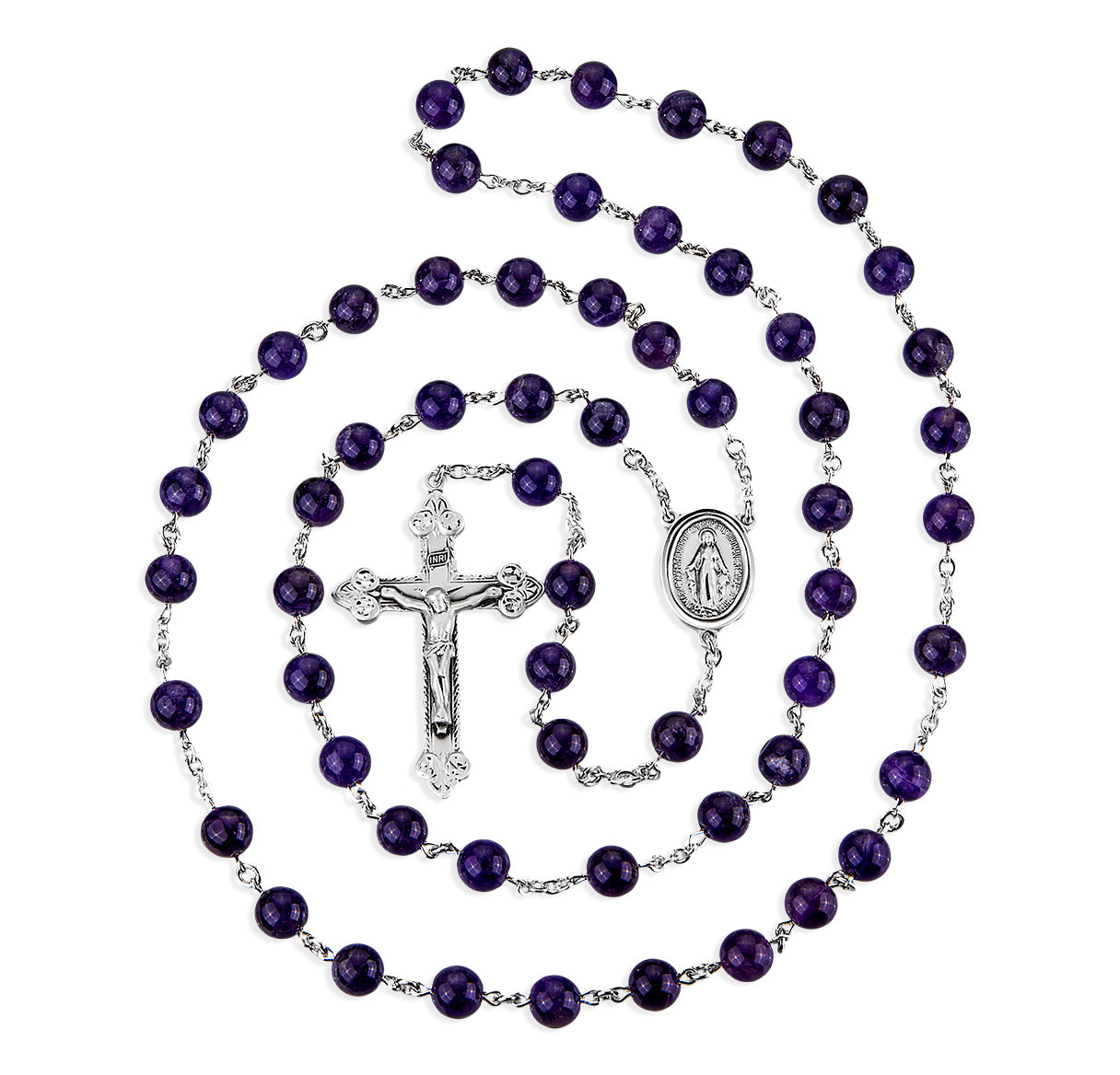 8mm Sterling Silver Genuine Amethyst Rosary W/ Ancanthus Leaf Crucifix-(S30/S186)-Bxd